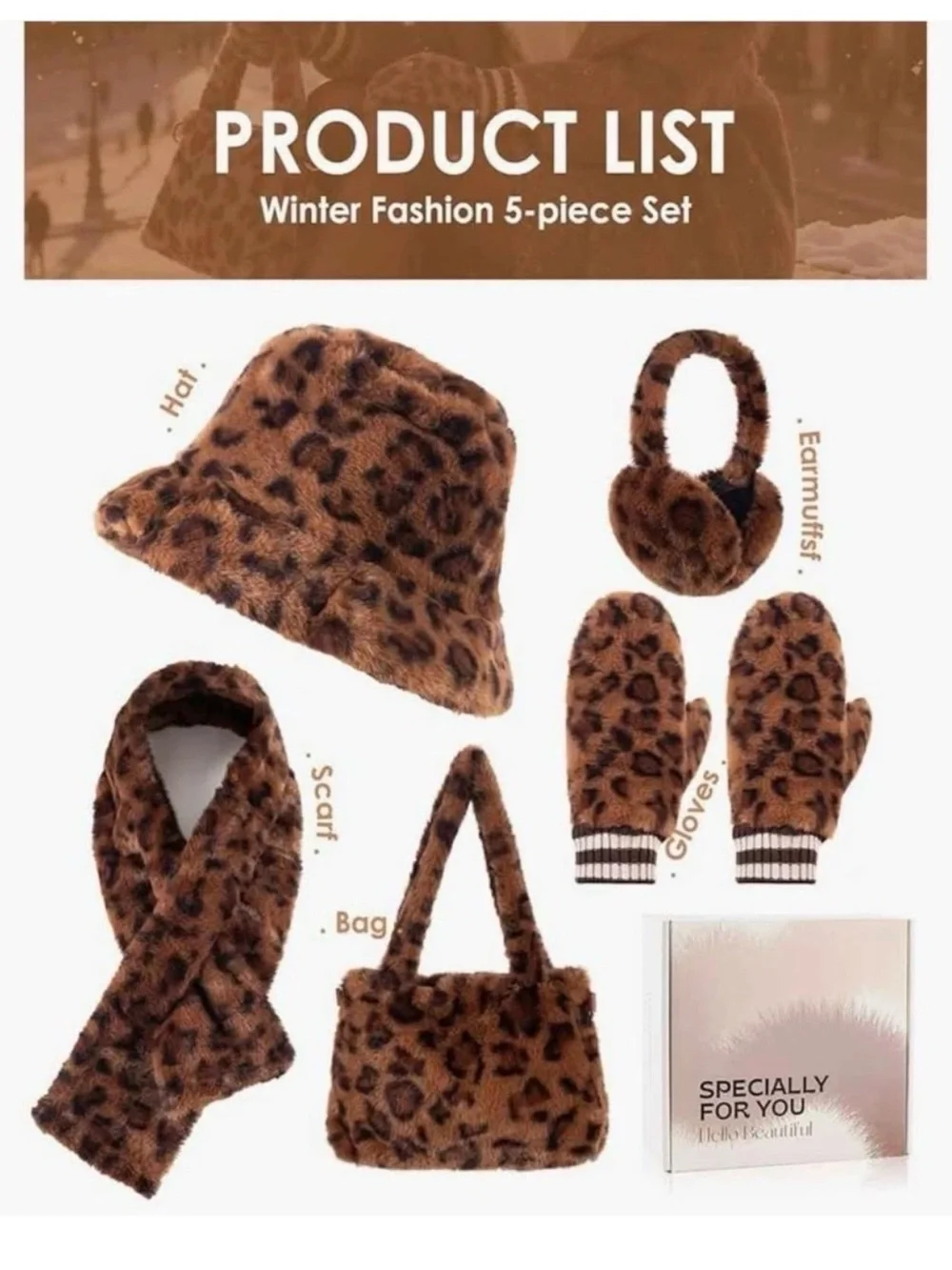 Faux Fur Bucket Hat and Glove Set 5-Piece Brown Leopard Women New FAST SHIPPING